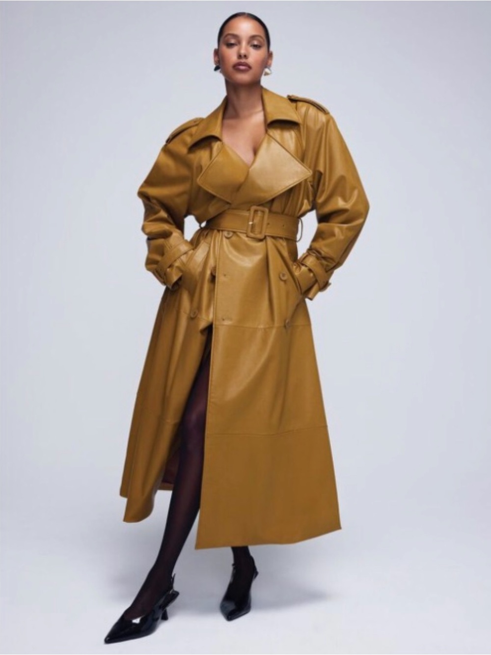 NWT • FOREVER 21 LUXE XX1 Collection • Long Faux-Leather Belted Trench Coat - Picture 2 of 4